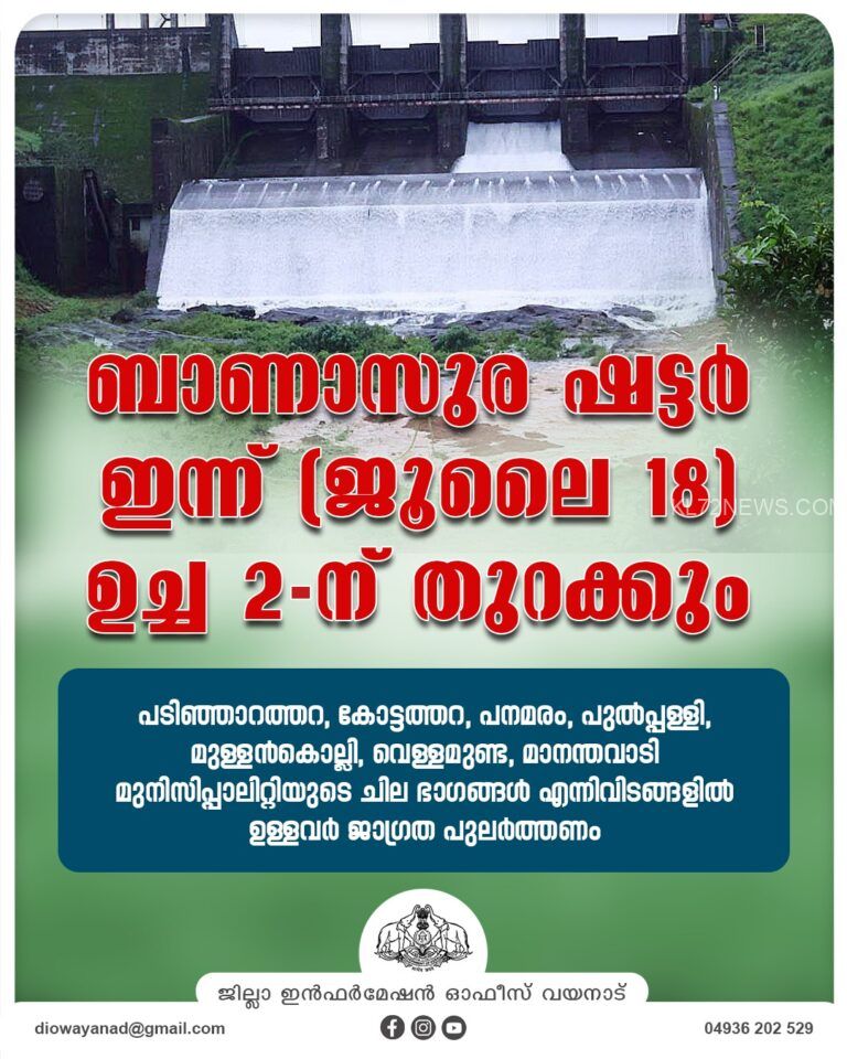 ബാണാസുര സാഗർ ഷട്ടർ ഇന്ന് രണ്ടുമണിക്ക് തുറക്കും